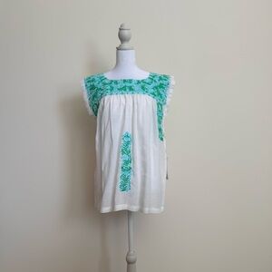 J.Marie size large nwt White Embroidered Peasant Top with Green Floral Yoke